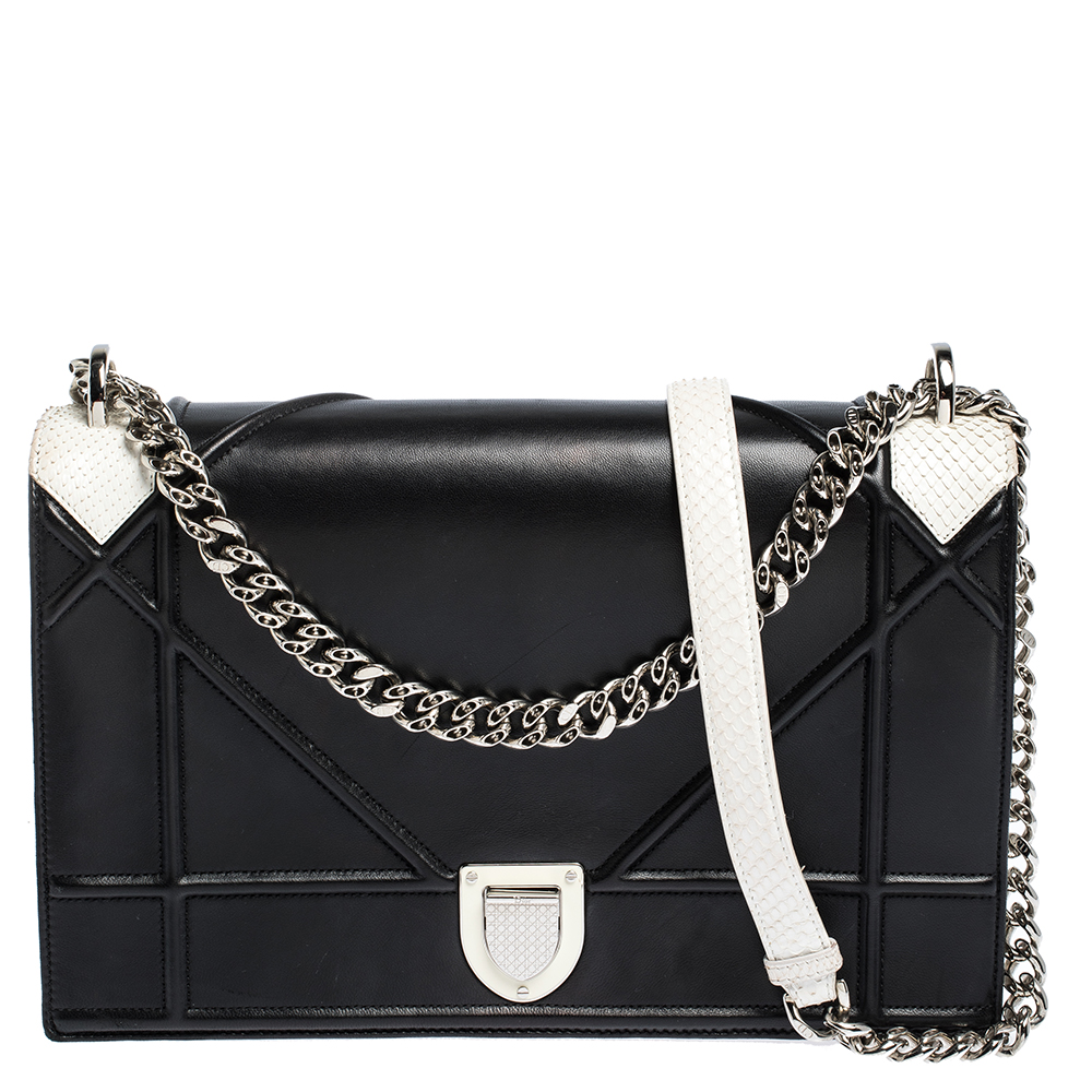 Dior Black/White Leather and Python Large Diorama Flap Shoulder bag ...