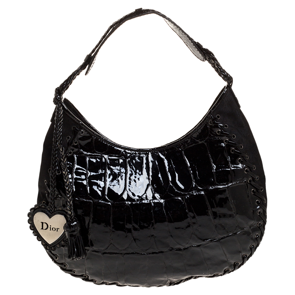 DIOR BLACK CROC EMBOSSED PATENT LEATHER AND CANVAS ETHNIC HOBO