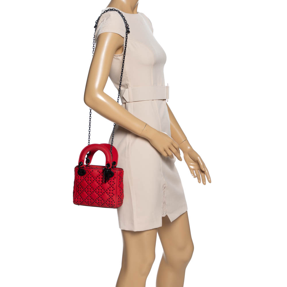 

Dior Red Matte Studded Leather Mini Lady Dior Tote