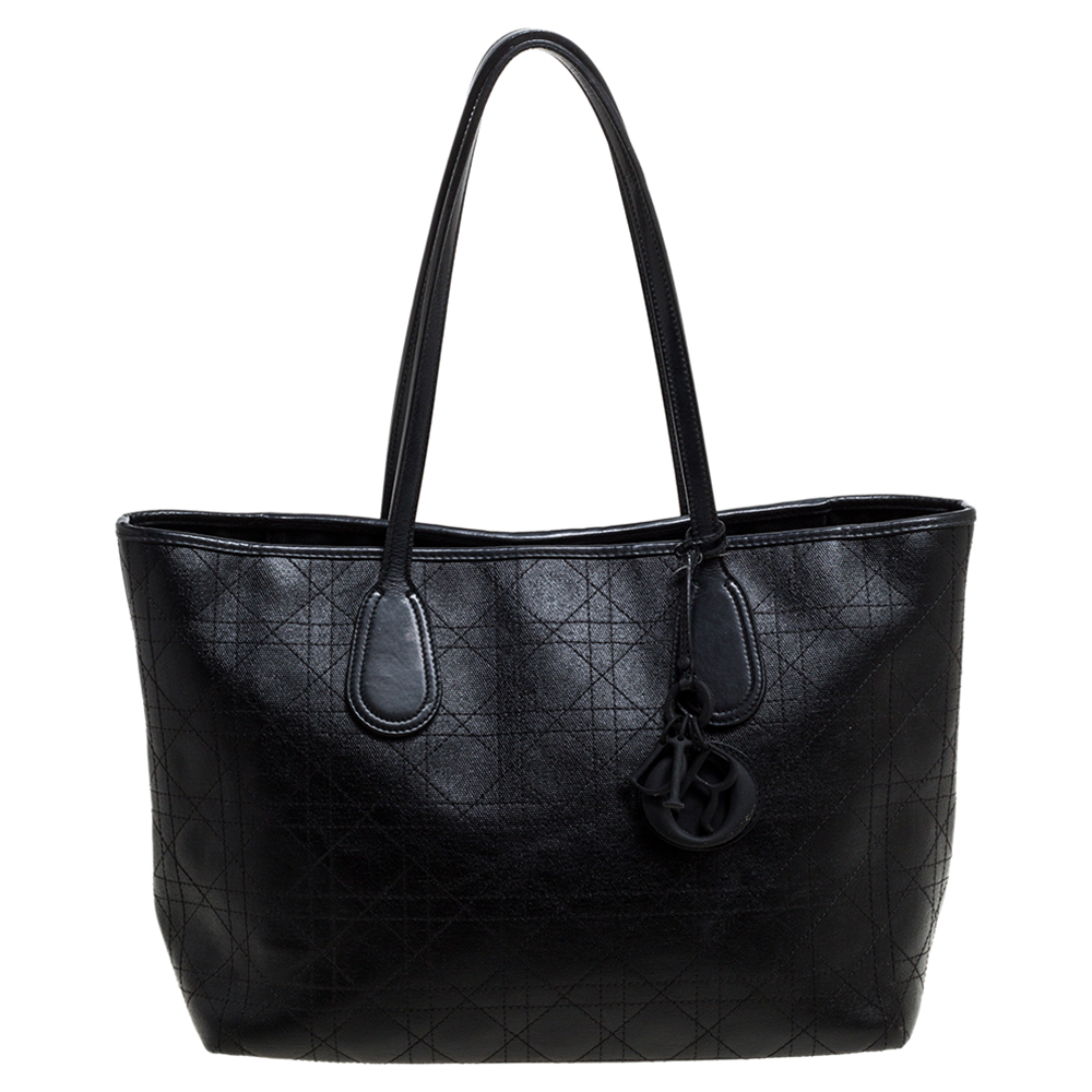 Pre-owned Dior Black Cannage Coated Canvas Small New Panarea Shopper ...