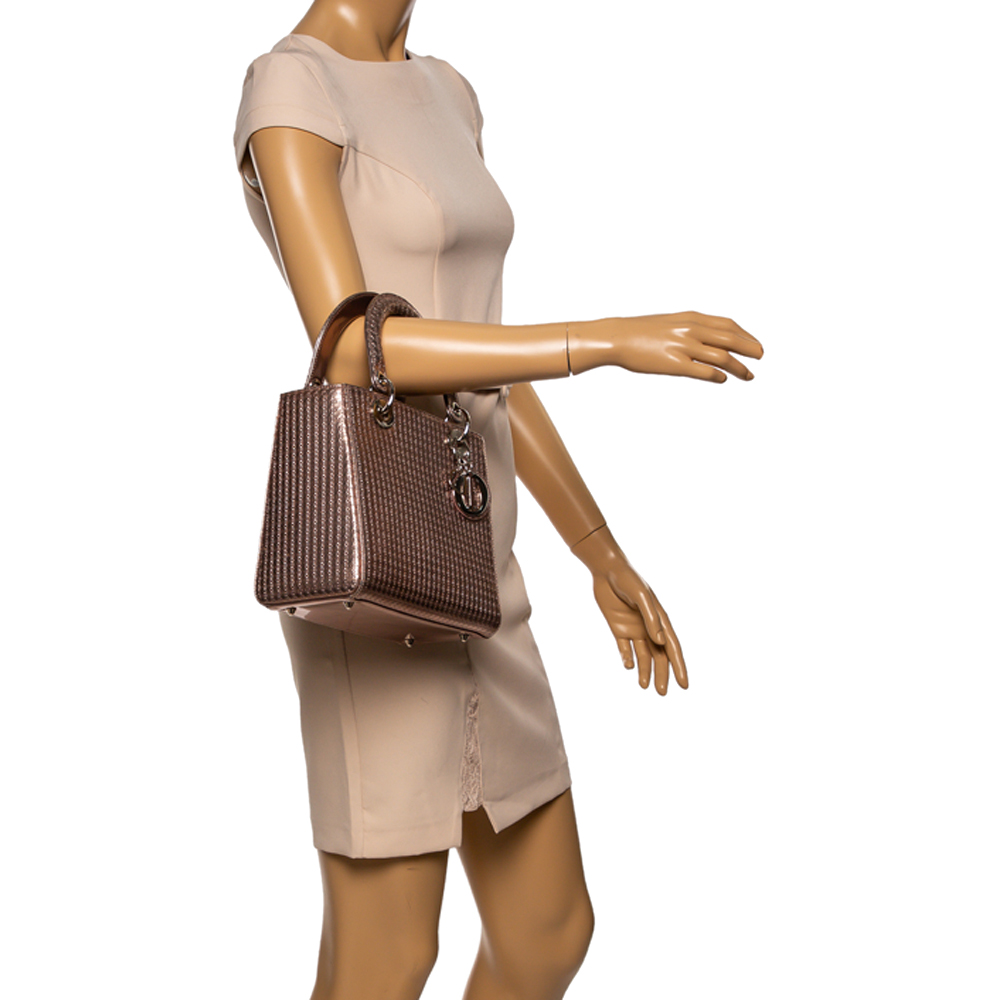 

Dior Metallic Rose Gold Microcannage Leather Medium Lady Dior Tote