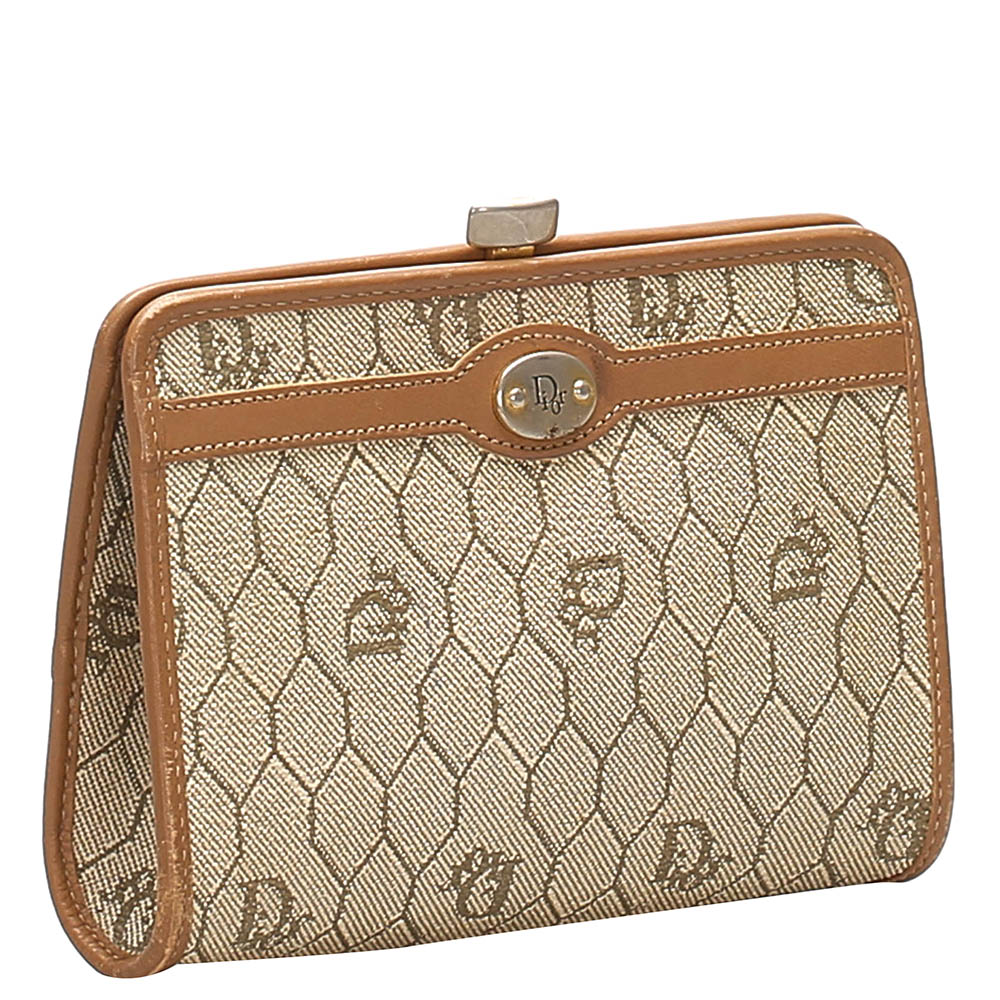 

Christian Dior Brown Coated Canvas Honeycomb Clutch, Beige