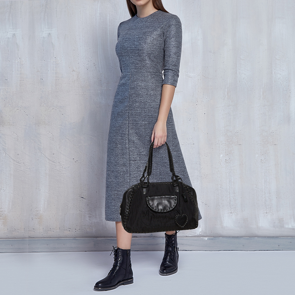

Dior Black Oblique Nylon and Leather Heart Charm Ethnic Shoulder Bag