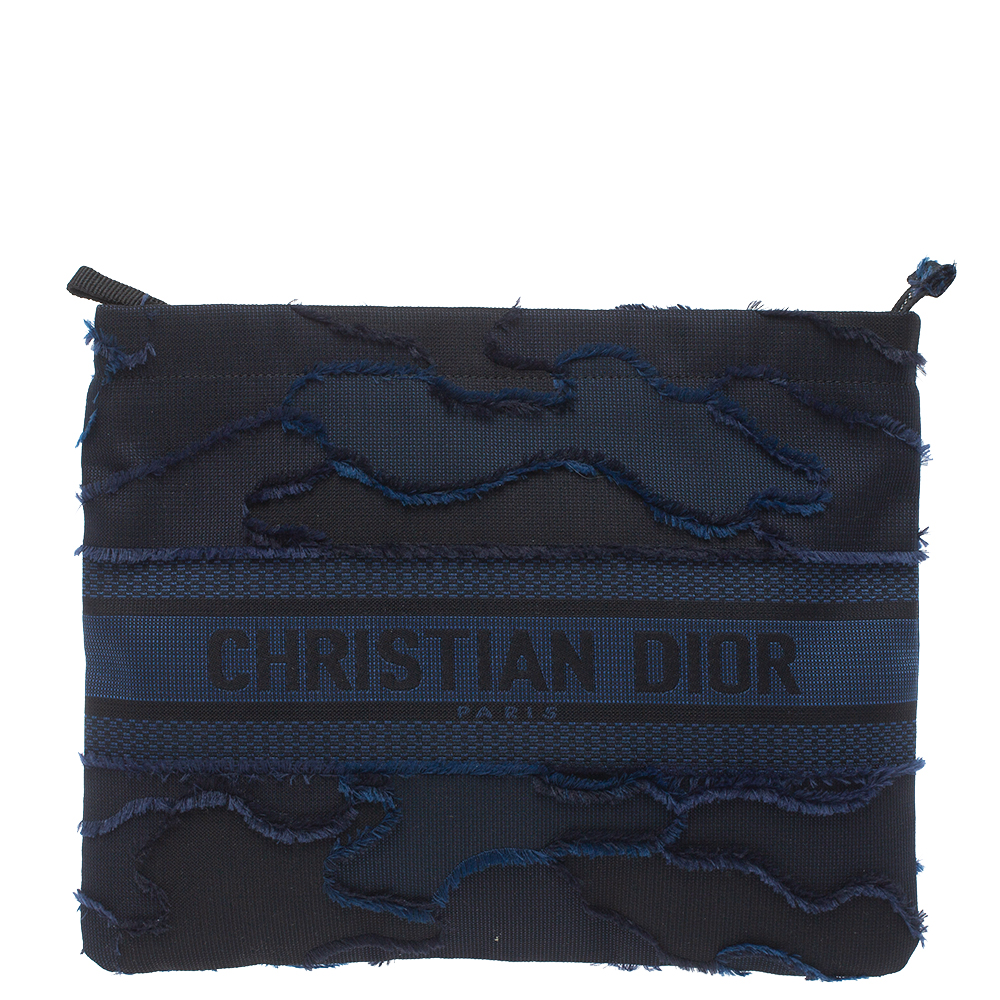 مملوكة مسبقًا Dior Blue/Black Camouflage Canvas DiorDouble Zip Pouch