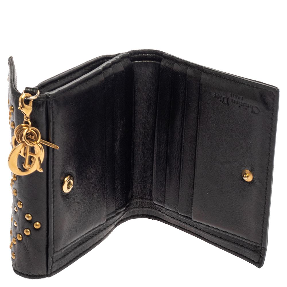 

Dior Black Studded Leather Lady Dior Compact French Wallet