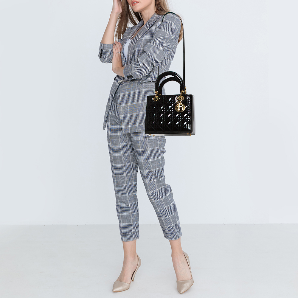 

Dior Black Cannage Patent Leather Medium Lady Dior Tote
