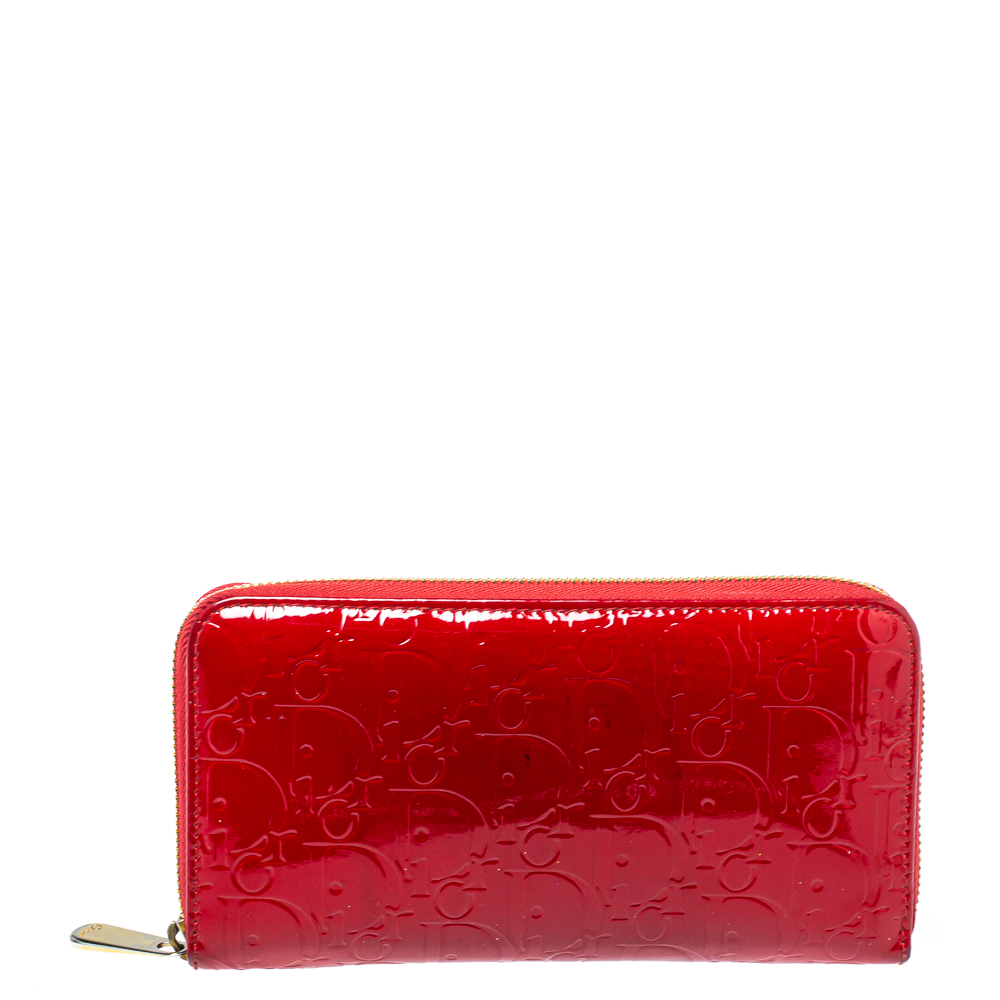 Pre-owned Dior Red Patent Leather Ultimate Zip Around Wallet