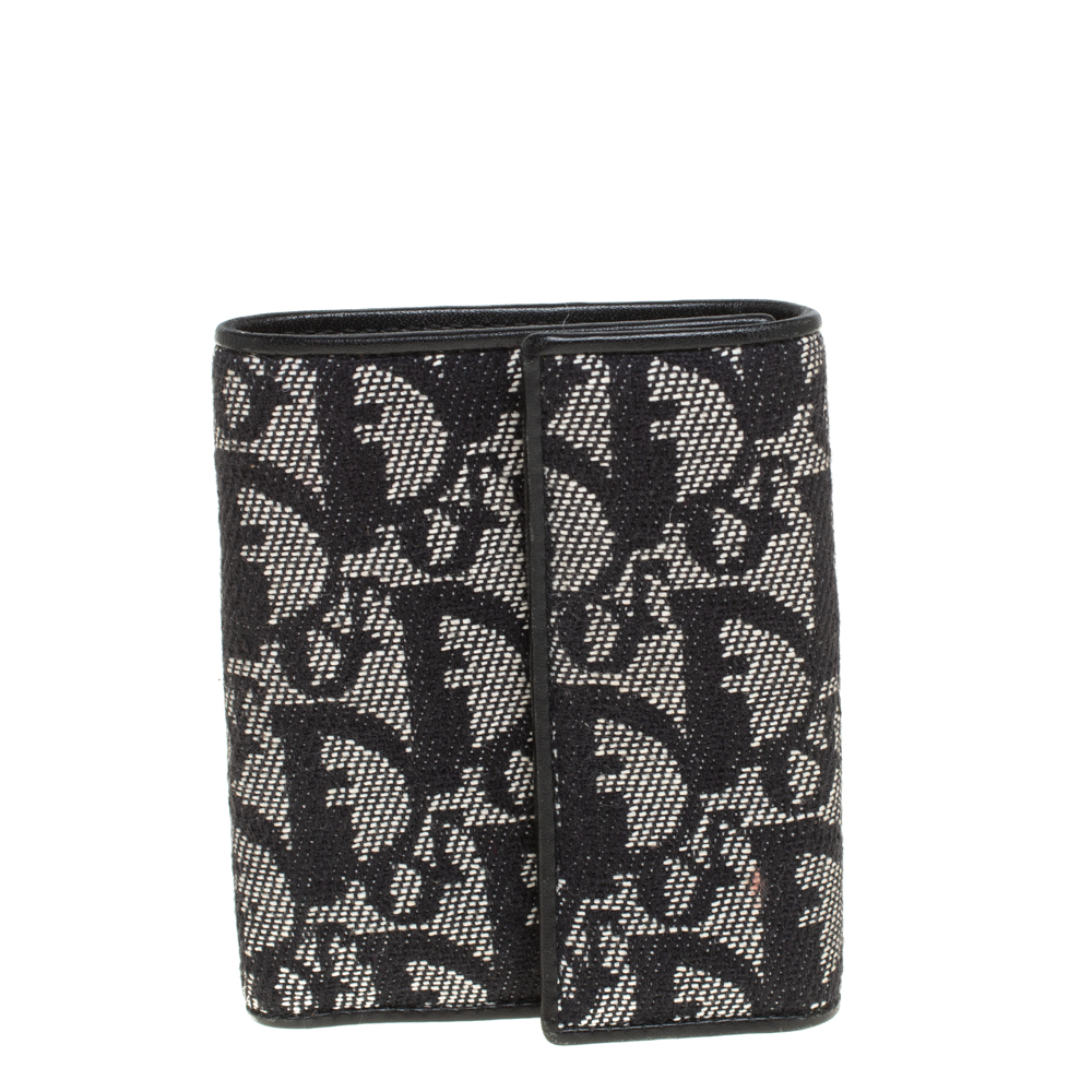 Pre-owned Dior Black Oblique Canvas Flap Compact Wallet