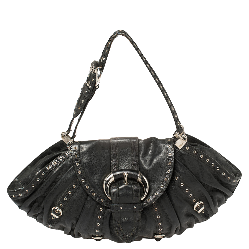 Pre-owned Dior Black Leather And Lizard Grommet Buckle Flap Hobo