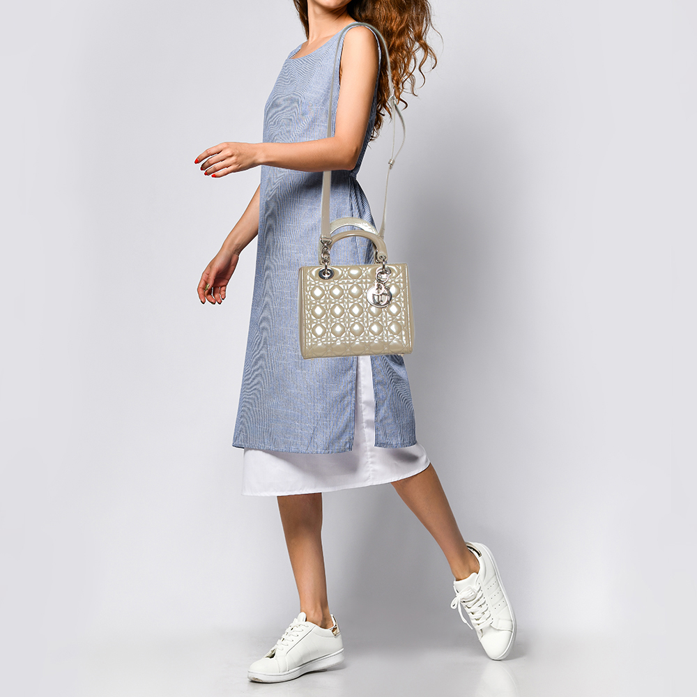 

Dior Grey Cannage Patent Leather Medium Lady Dior Tote