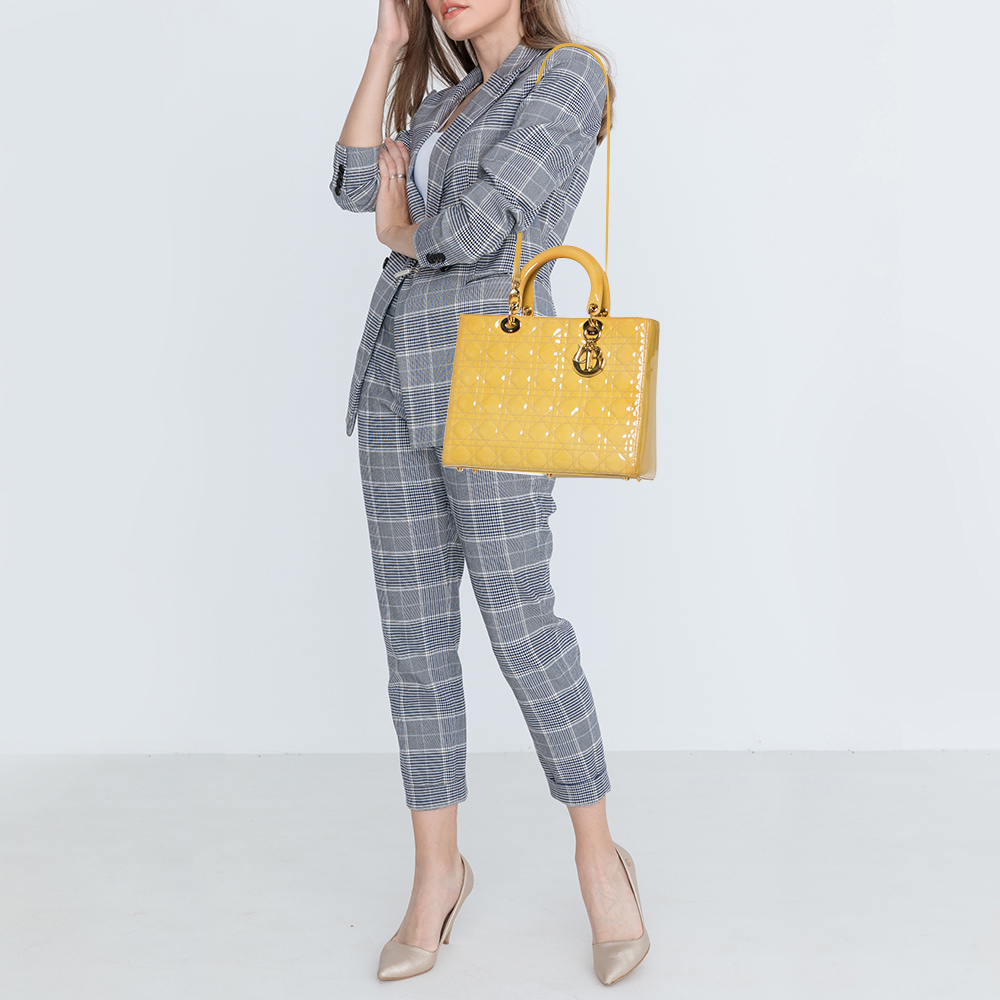 

Dior Yellow Cannage Patent Leather Large Lady Dior Tote