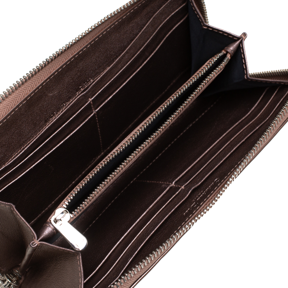 

Dior Metallic Bronze Cannage Leather Zip Around Continental Wallet, Brown