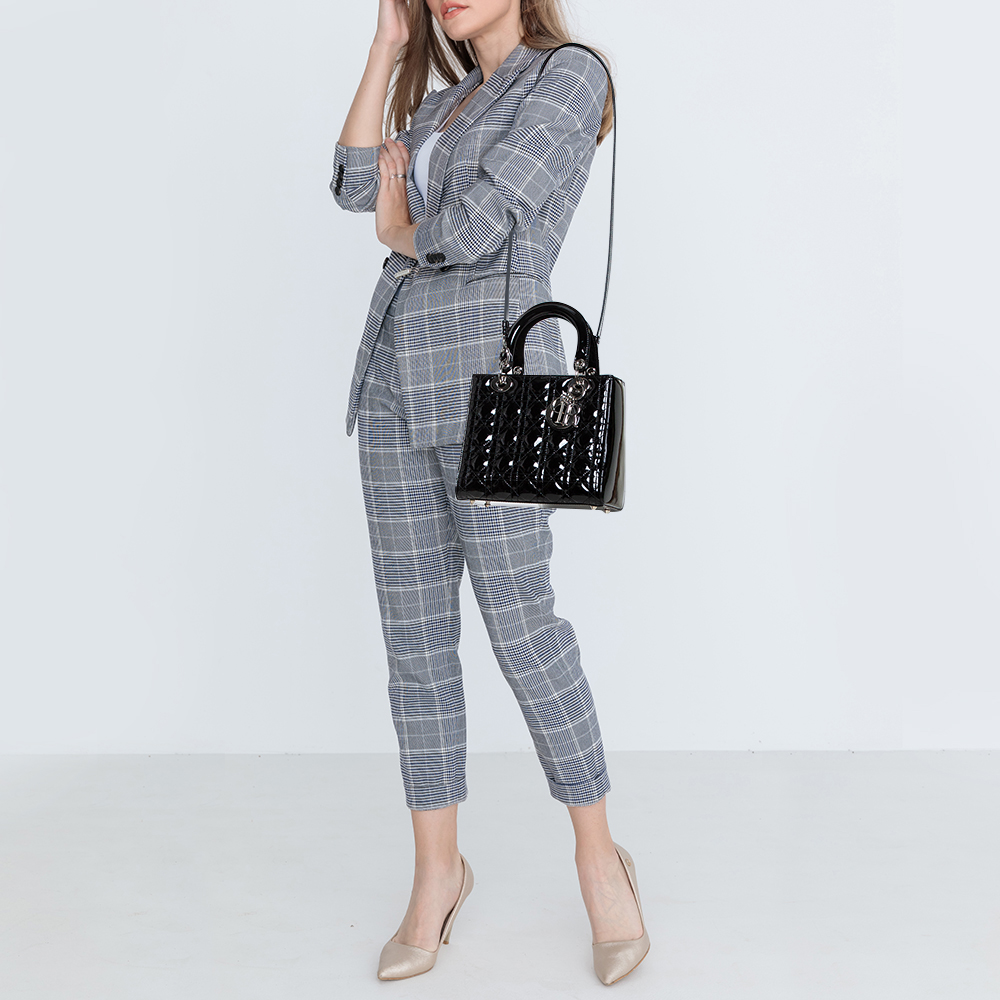 

Dior Black Cannage Patent Leather Medium Lady Dior Tote