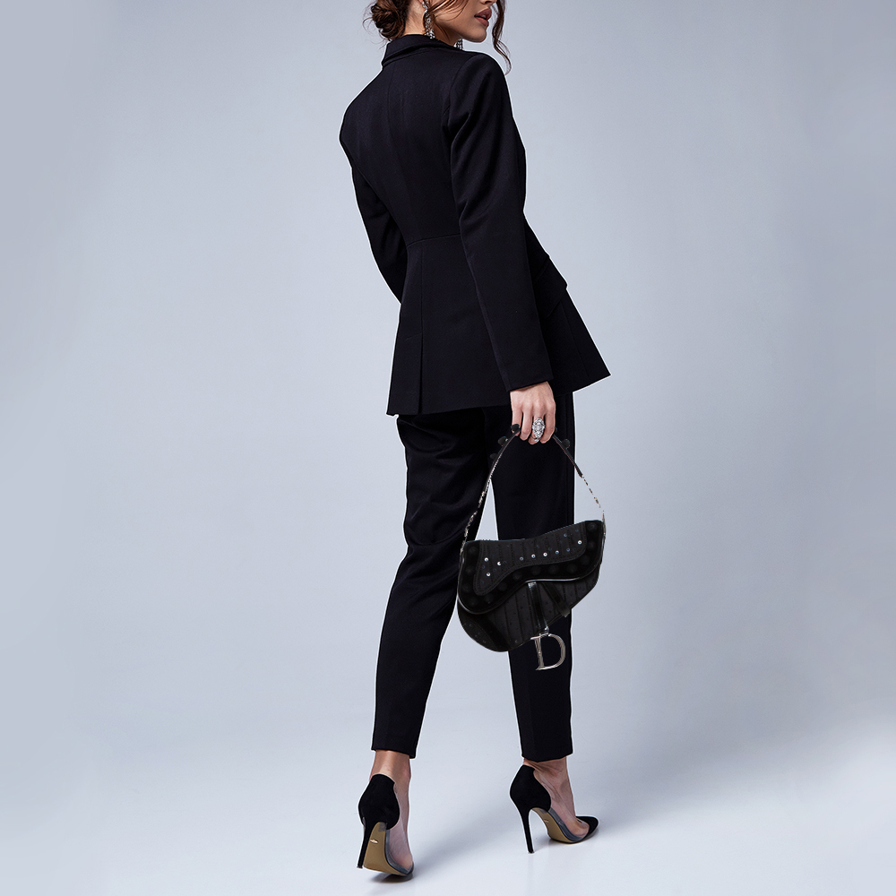 

Dior Black Velvet/Nylon and Leather Vintage Pom Pom Embellished Saddle Bag