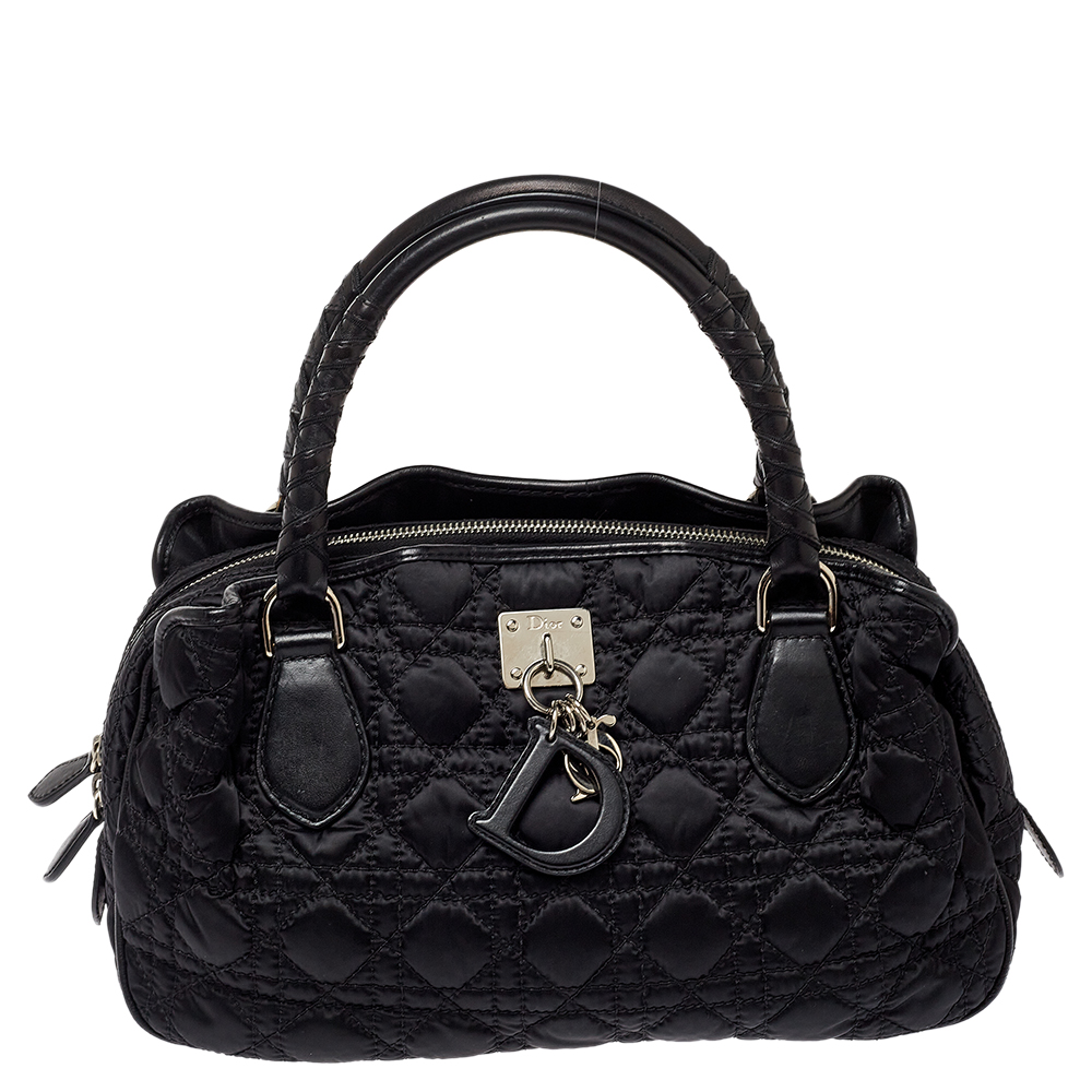 Pre-owned Dior Black Cannage Quilted Nylon And Leather Charming Satchel