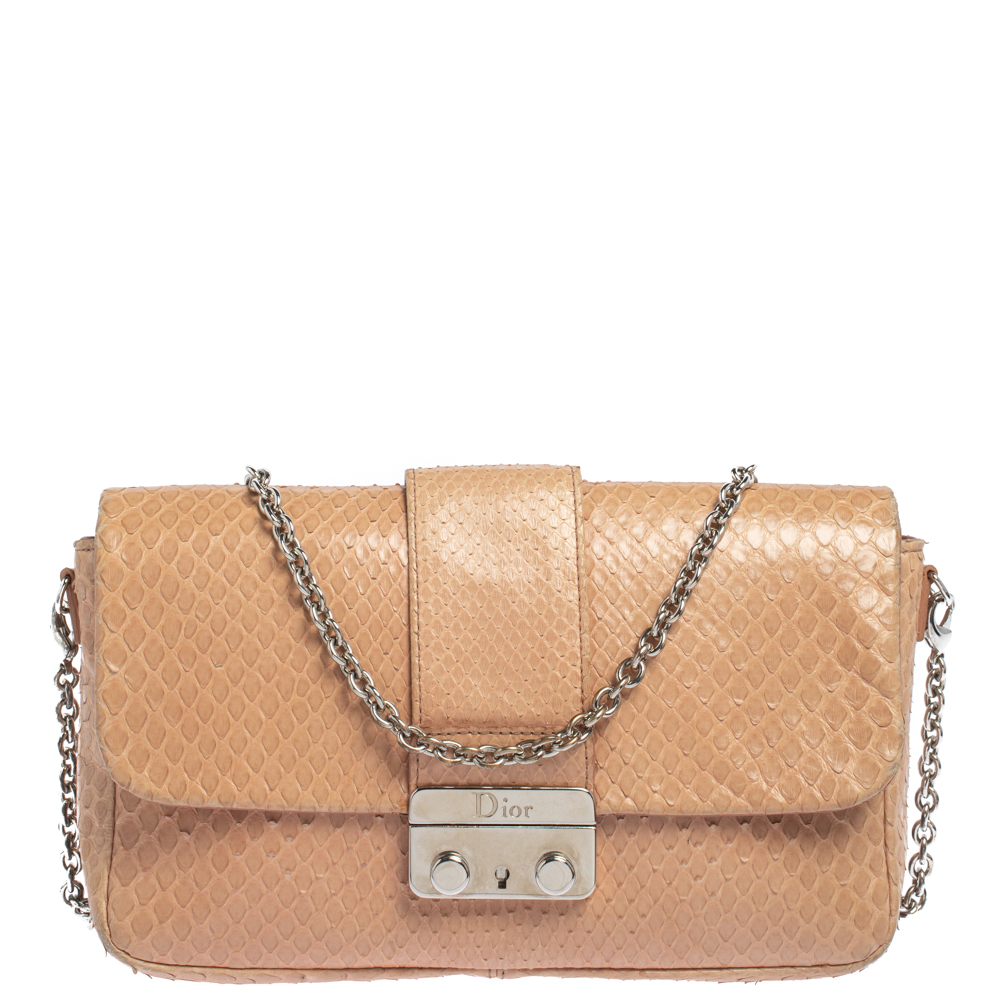 Pre-owned Dior Nude Snakeskin New Lock Pouch Chain Clutch In Beige