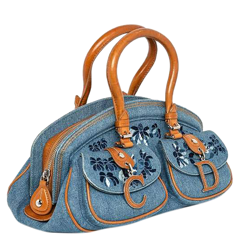 

Christian Dior Blue Denim Vintage Floral Embroidered Bowler Bag