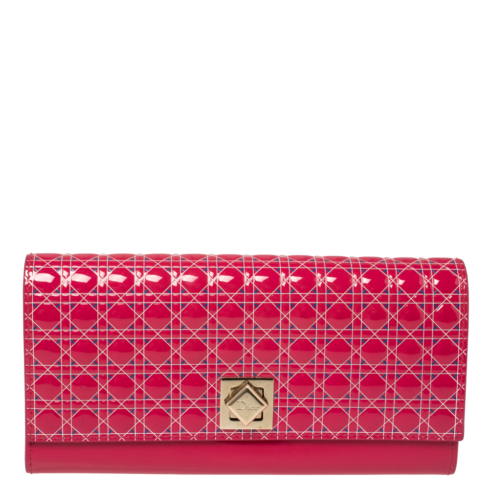 Pre-owned Dior Pink Cannage Patent Leather Flap Continental Wallet