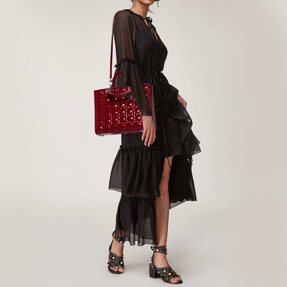 

Dior Dark Red Cannage Patent Leather Large Lady Dior Tote
