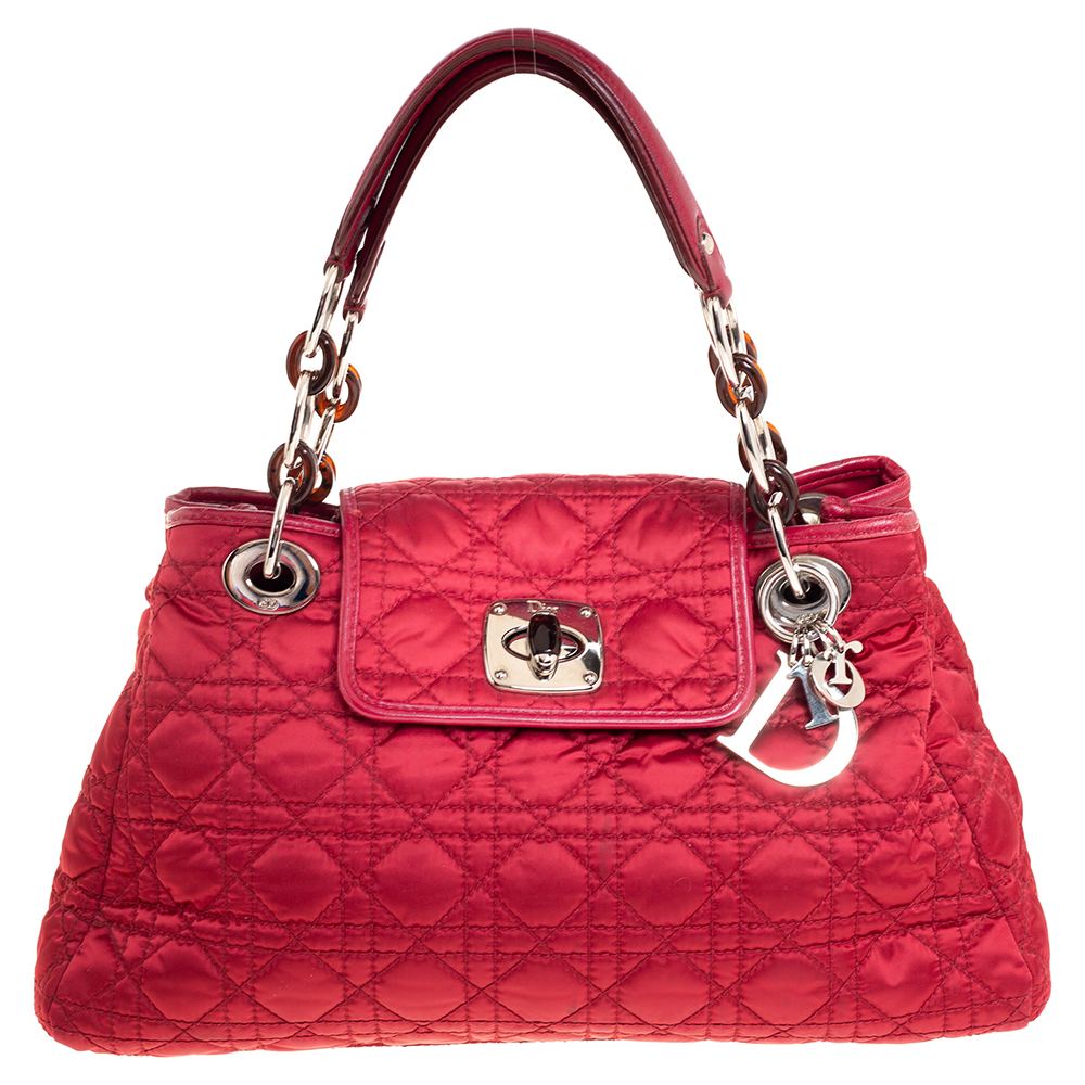Pre-owned Dior Dark Maroon Cannage Nylon And Leather Charming Lock Satchel In Red
