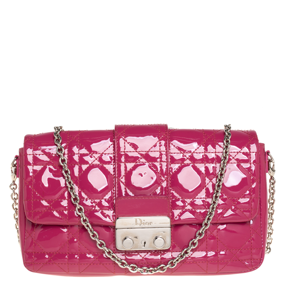Pre-owned Dior Fuchsia Cannage Patent Leather New Lock Chain Clutch In Pink