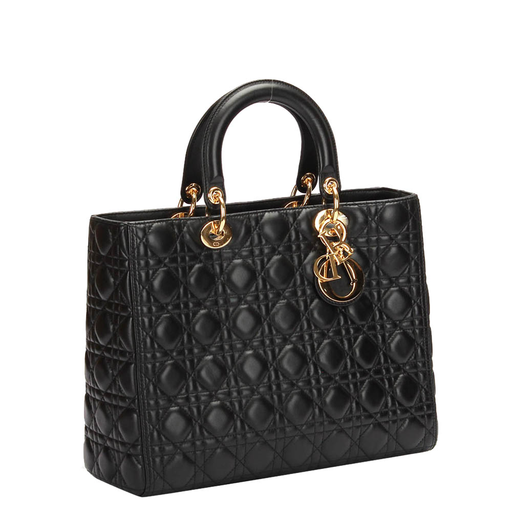 

Dior Black Lambskin Leather Cannage Lady Dior Large Tote Bag