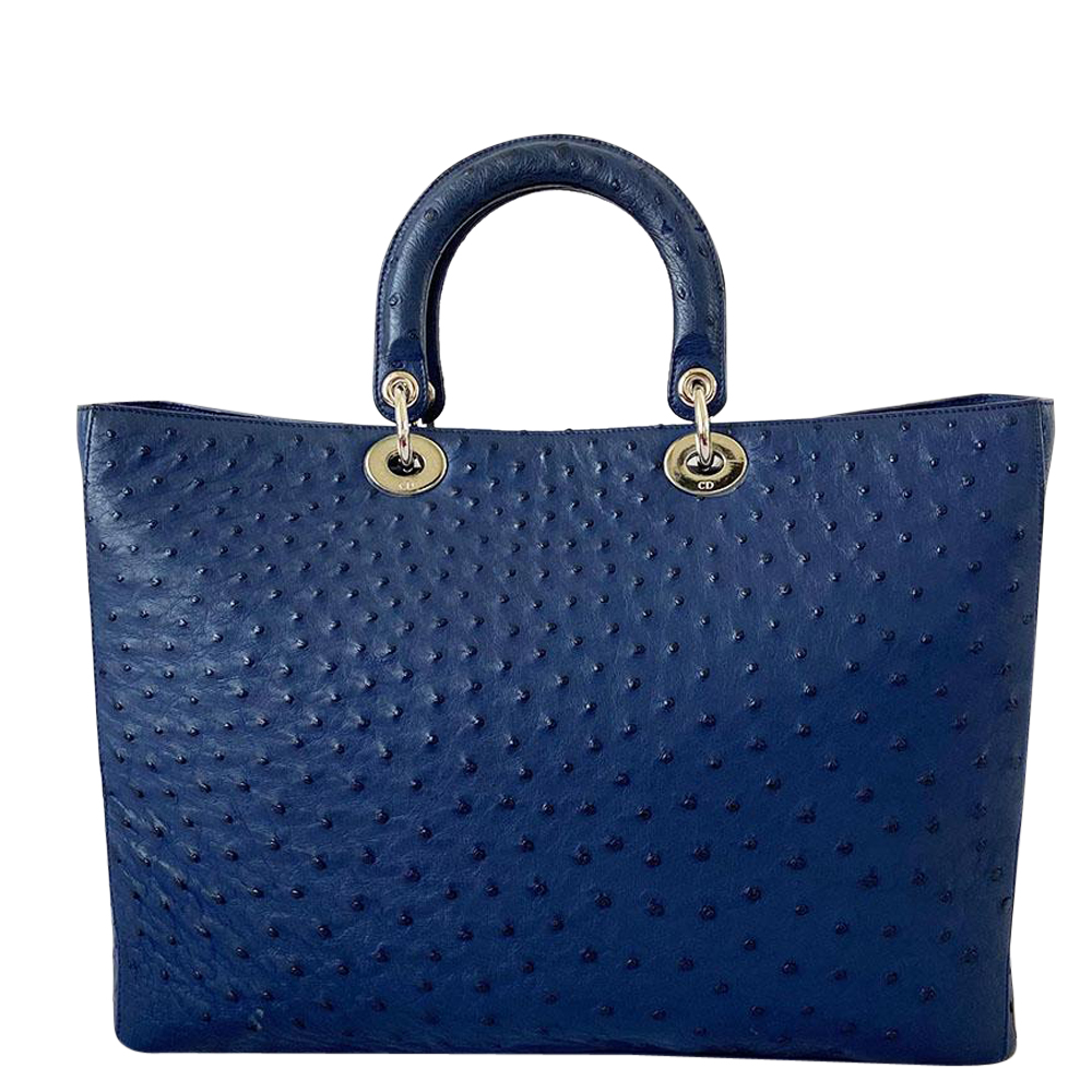 

Dior Dark Blue Ostrich Leather Extra  Lady Dior Bag, Navy blue