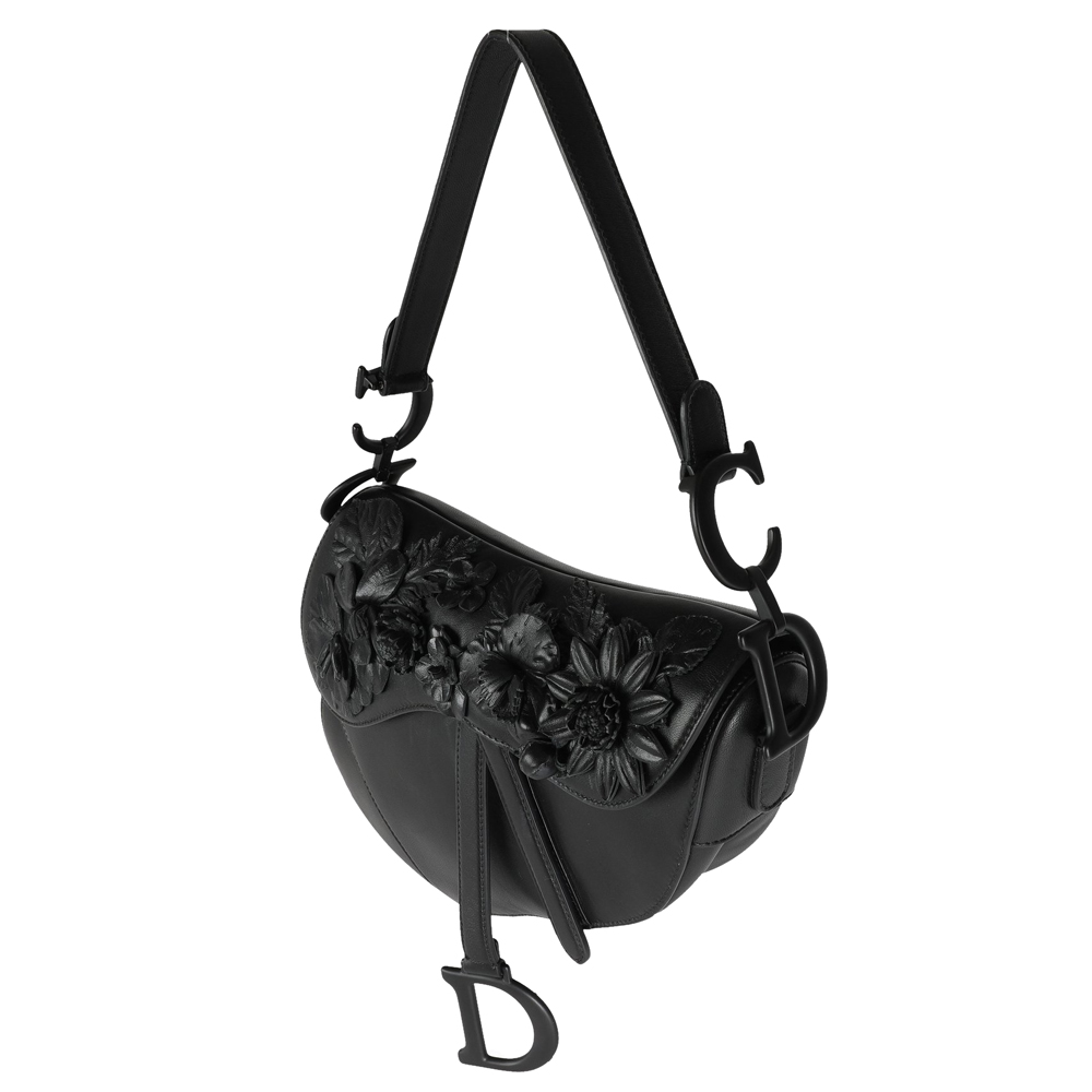 

Dior Black Lambskin Leather Embroidered Flowers Applique Saddle Bag