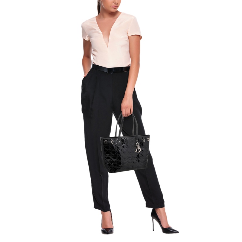 

Dior Black Cannage Patent and Leather Small Panarea Tote