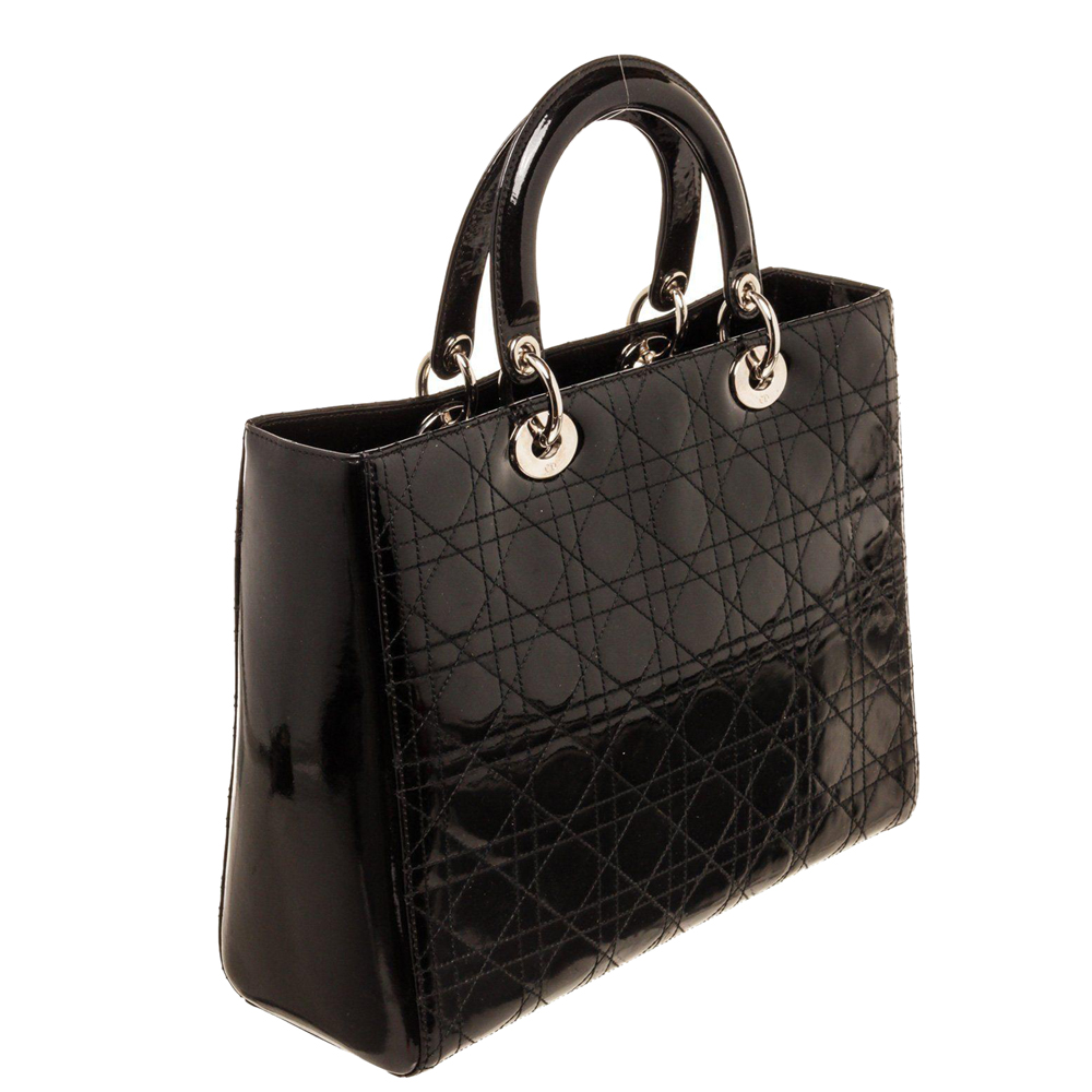 

Dior Black Patent Leather Cannage Lady Dior Top Handle Bag