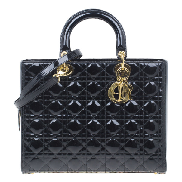 Pre Owned حقيبة ديور ليدي ديور جلد أسود لامع كبيرة