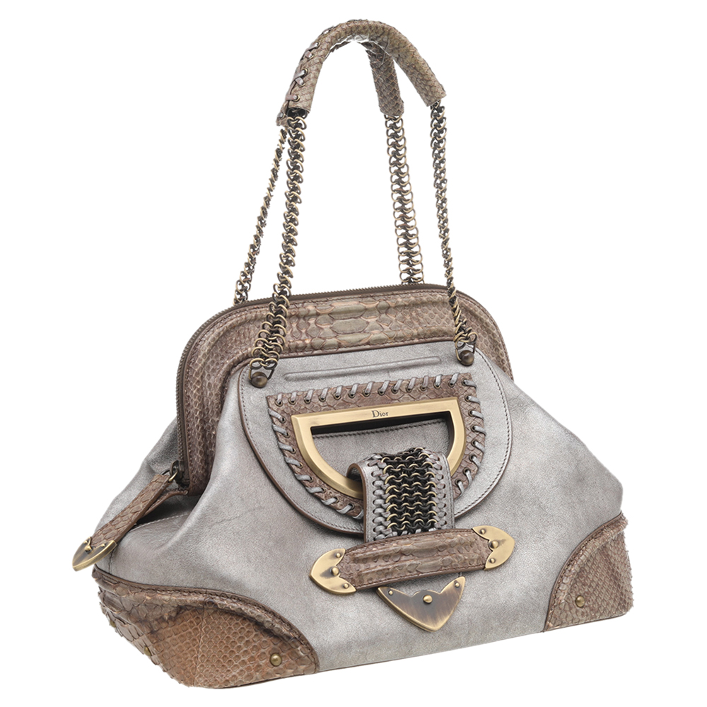 

Dior Grey/Brown Leather And Python Limited Edition Jeanne Medium Frame Bag