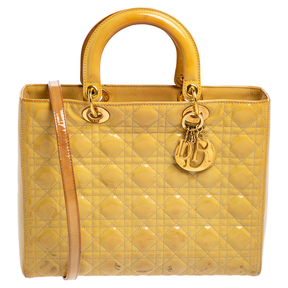 

Dior Yellow Cannage Patent Leather Large Lady Dior Tote