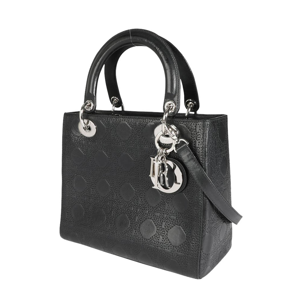 

Dior Black Embossed Cannage Leather Medium Lady Dior Bag