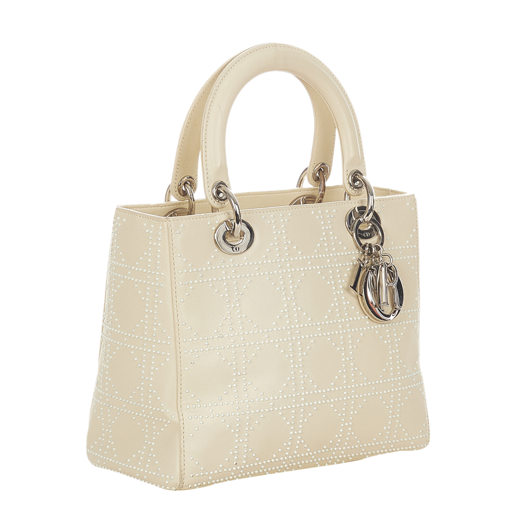 

Dior White Leather Cannage Lady Dior Satchel Bag