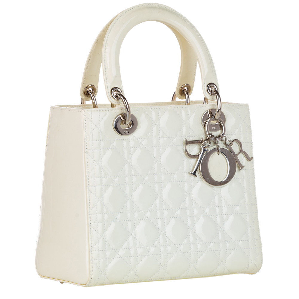 

Dior White Patent Leather Lady Dior Satchel Bag