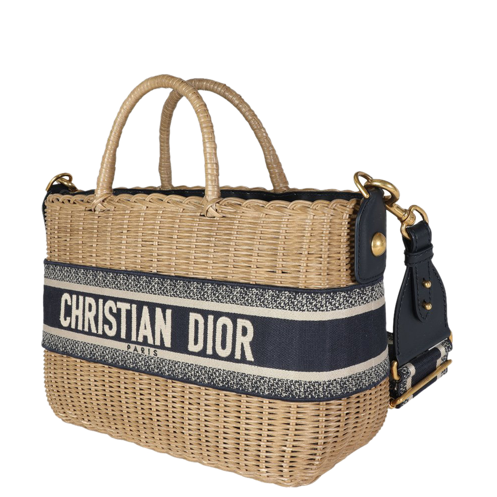

Dior Beige/Blue Oblique Jacquard Wicker Basket Bag