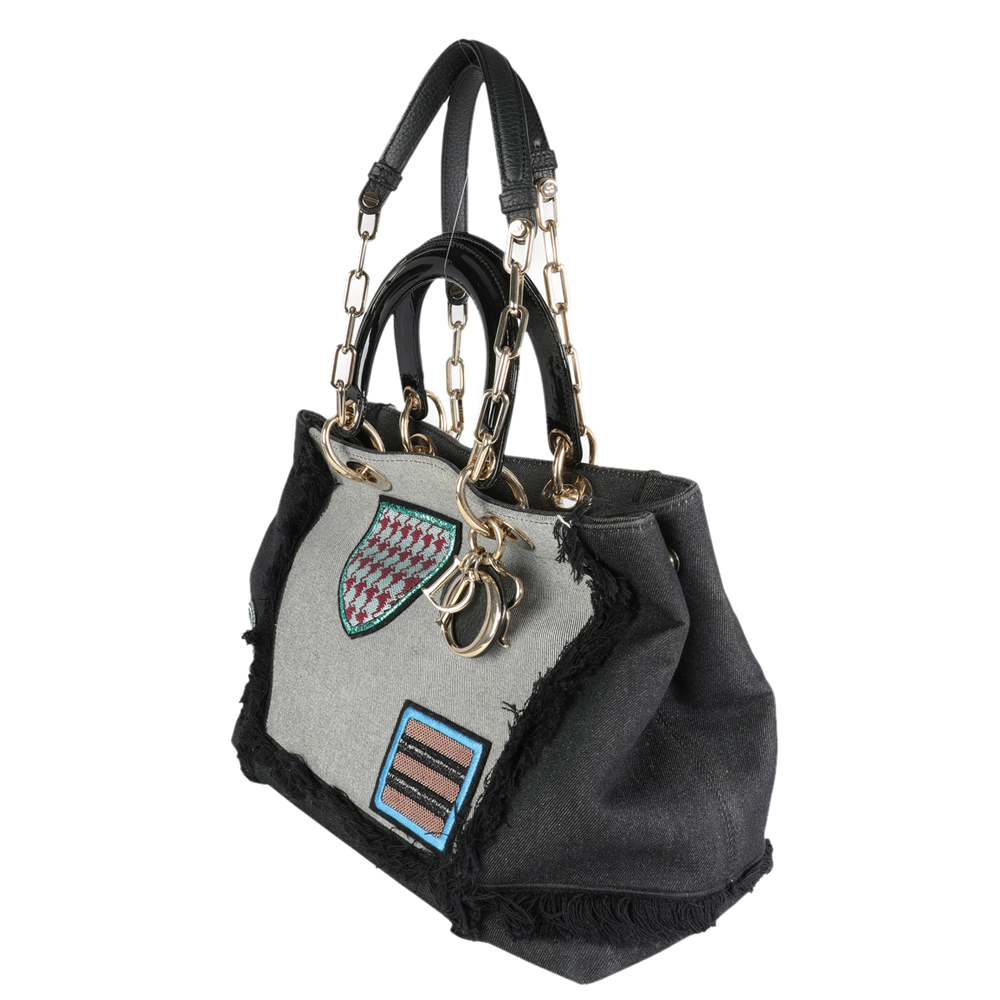 

Dior Grey Black Denim Canvas Patchwork Large D-Light Tote Bag