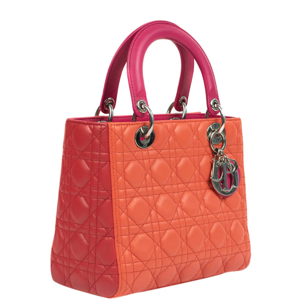 

Dior Orange Cannage Leather Medium Lady Dior Tote Bag