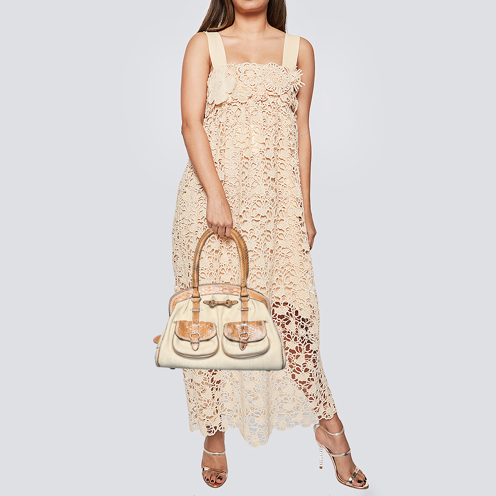 

Dior Beige/Brown Canvas And Python Leather Vintage Double Pocket Satchel