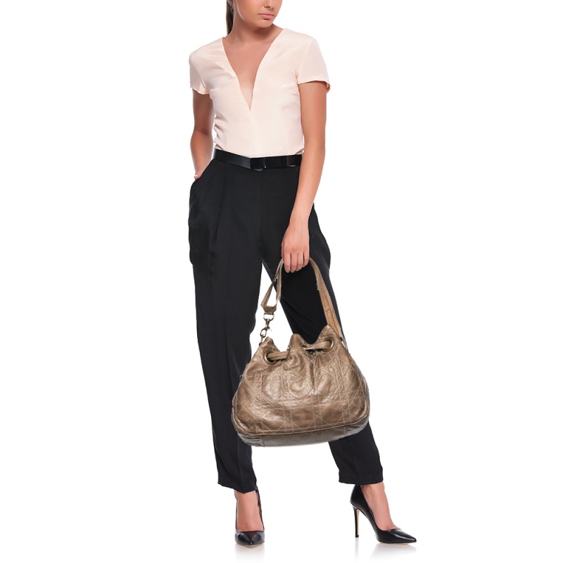 

Dior Dark Beige Cannage Leather Medium Drawstring Tote
