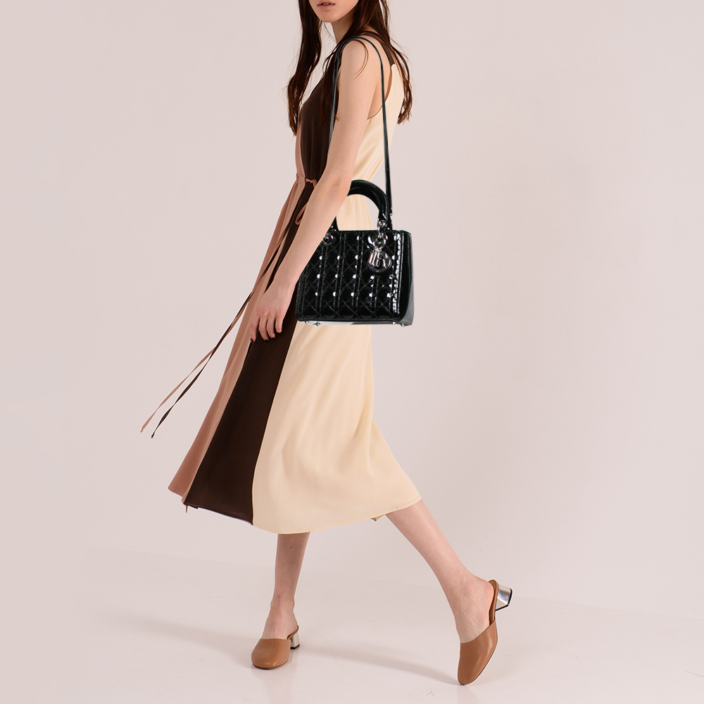 

Dior Black Cannage Patent Leather Medium Lady Dior Tote
