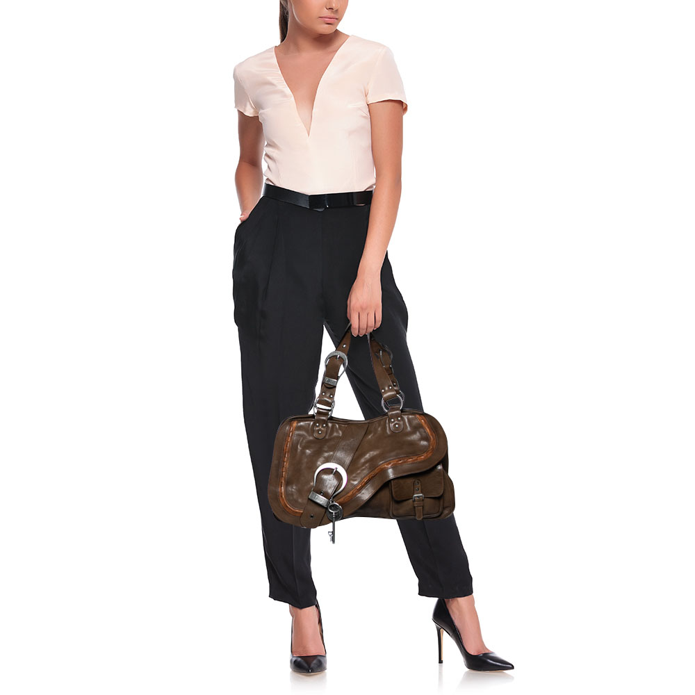 

Dior Olive Green Leather Double Saddle Shoulder Bag