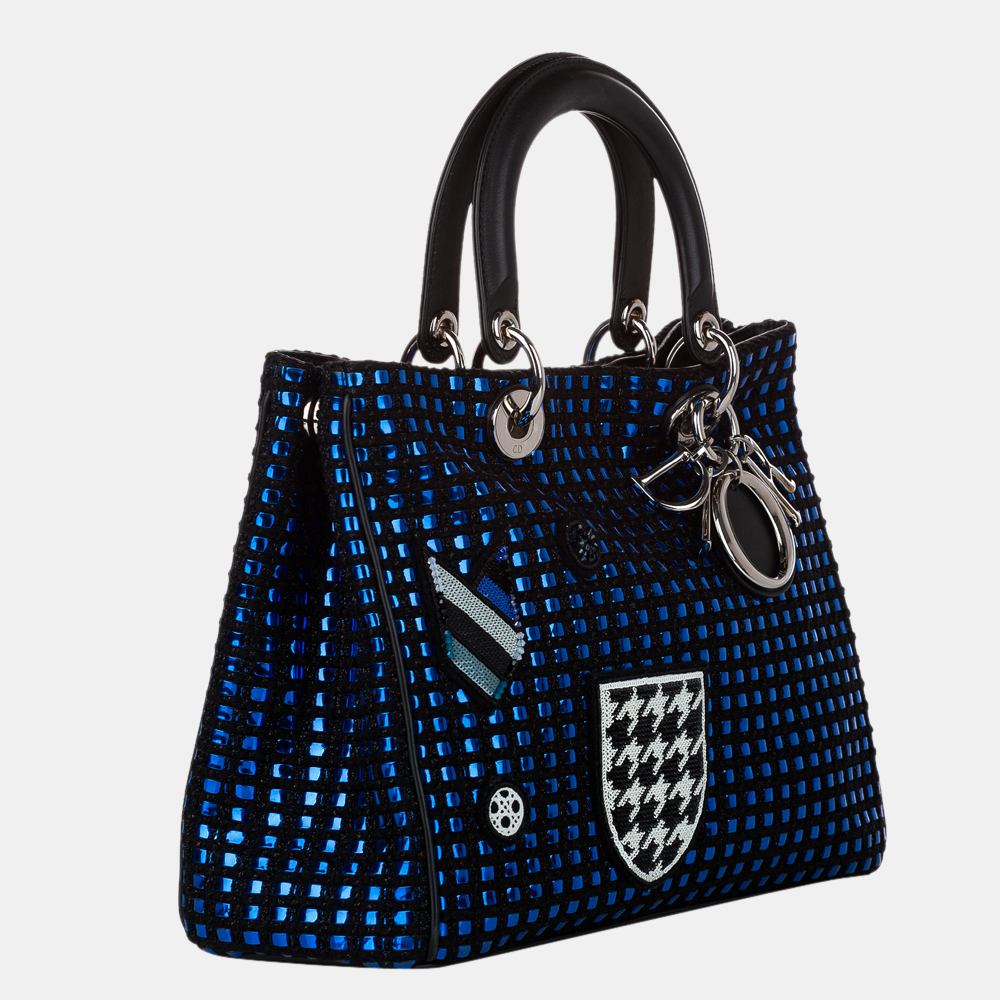 

Dior Black/Blue Diorissimo Patchwork Metallic Tweed Satchel