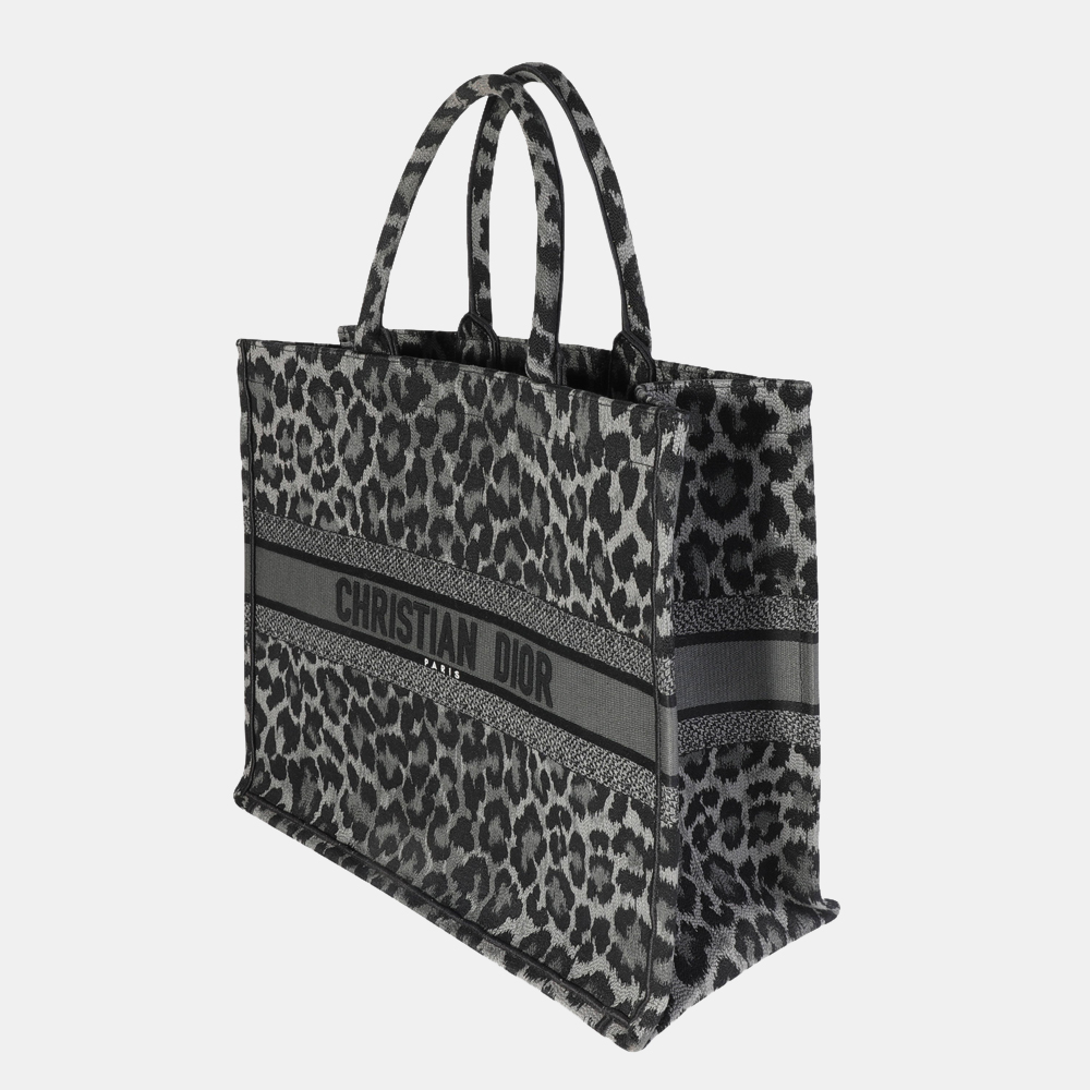 

Dior Black & Gray Leopard Mizza Embroidery Large Book Tote Bag