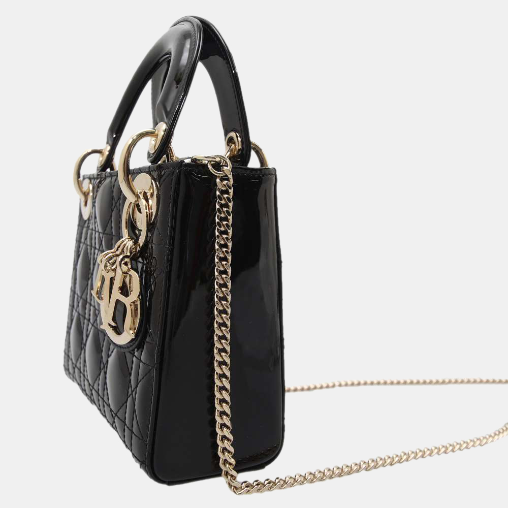 

Dior Black Patent Leather Lady Dior Mini Cannage Top Handle Bag