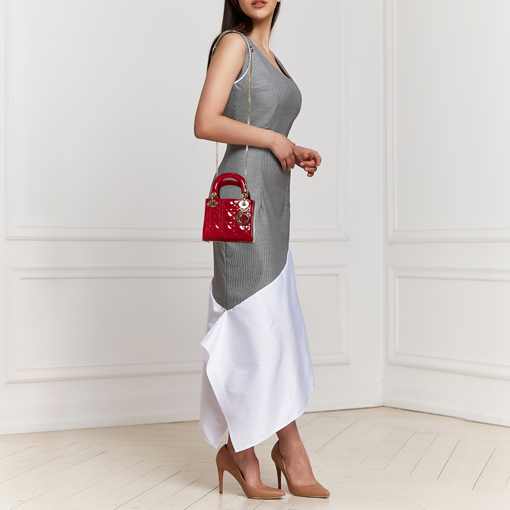 

Dior Red Cannage Patent Leather Mini Chain Lady Dior Tote