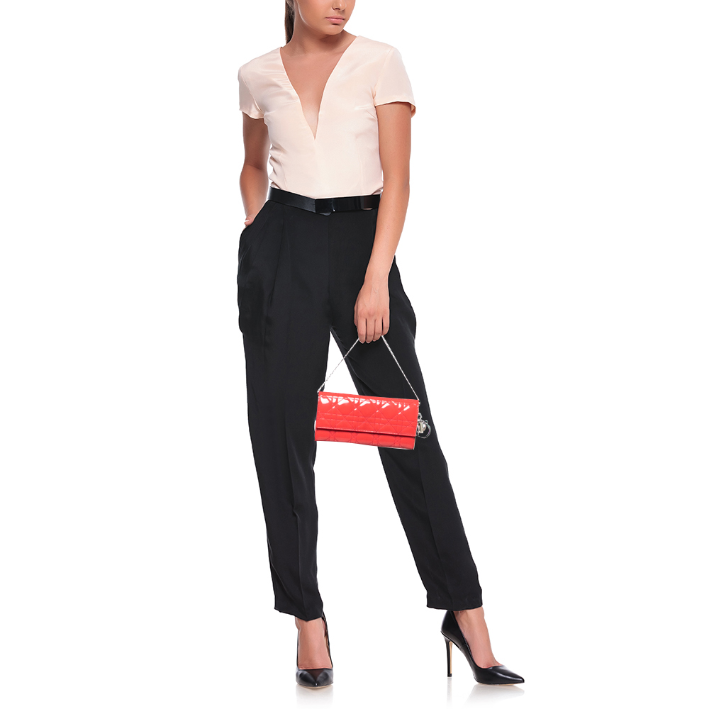

Dior Coral Red Cannage Patent Leather Lady Dior Wallet on Chain