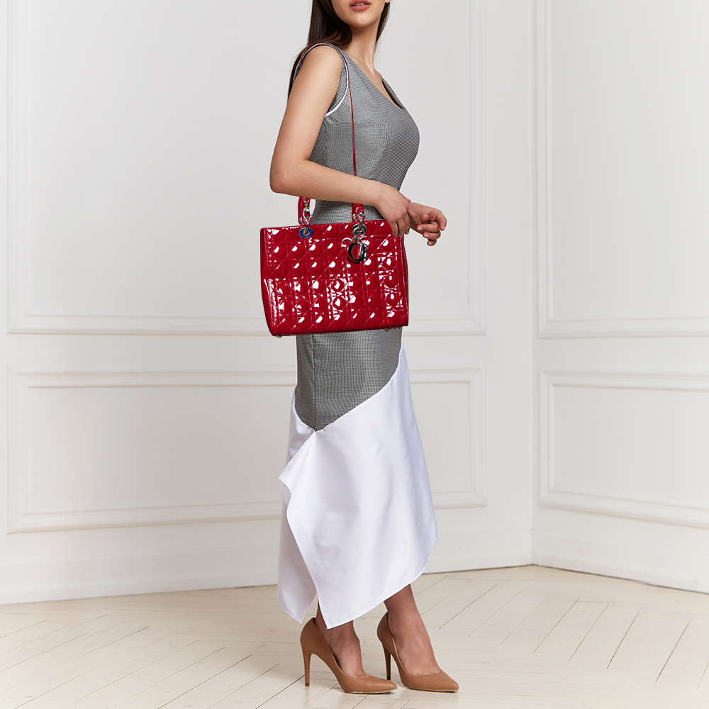 

Dior Red Cannage Patent Leather Large Lady Dior Tote