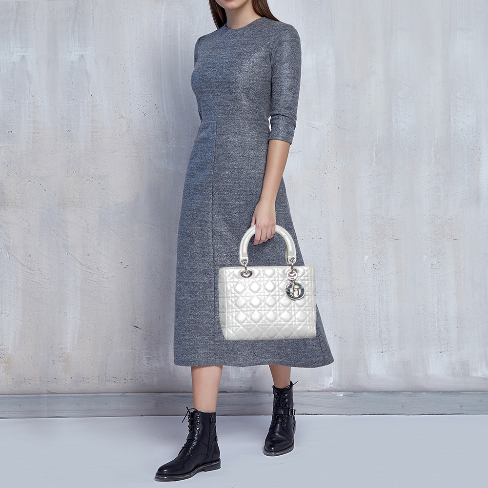 

Dior Metallic Silver Suede Medium Lady Dior Tote